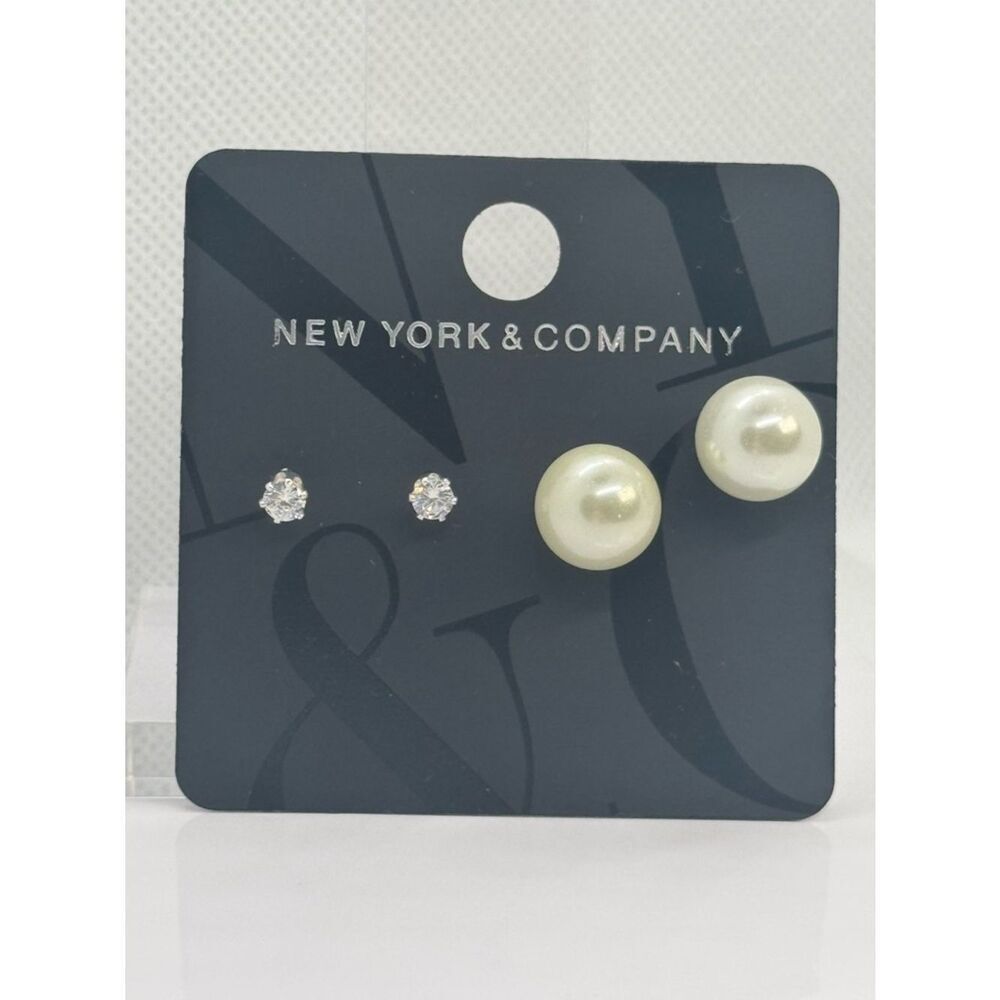 New York & Company Pearl and Crystal Stud Duo - Cream Pearls & Clear Crystals